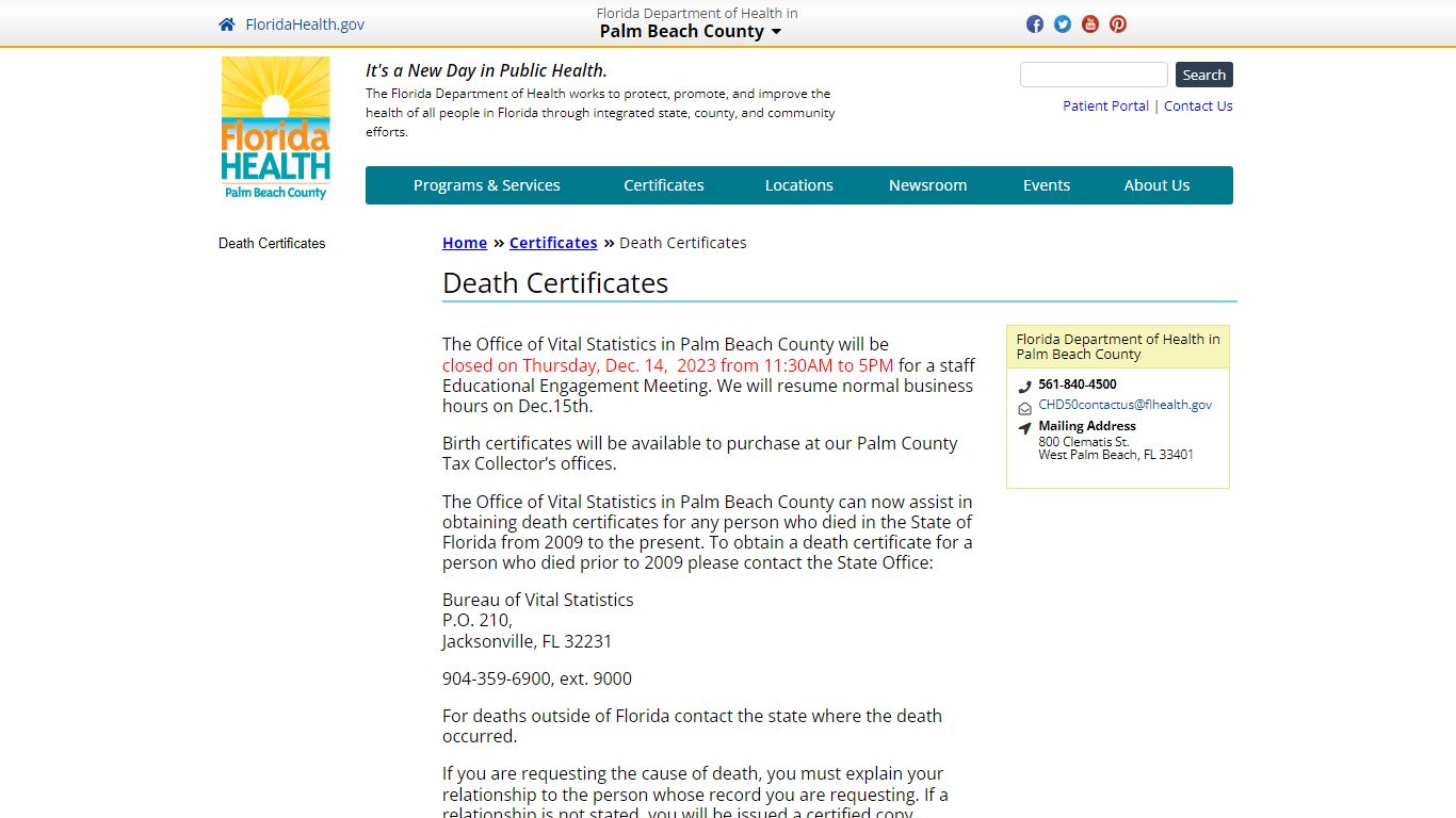 Death Certificates | Florida Department of Health in Palm Beach